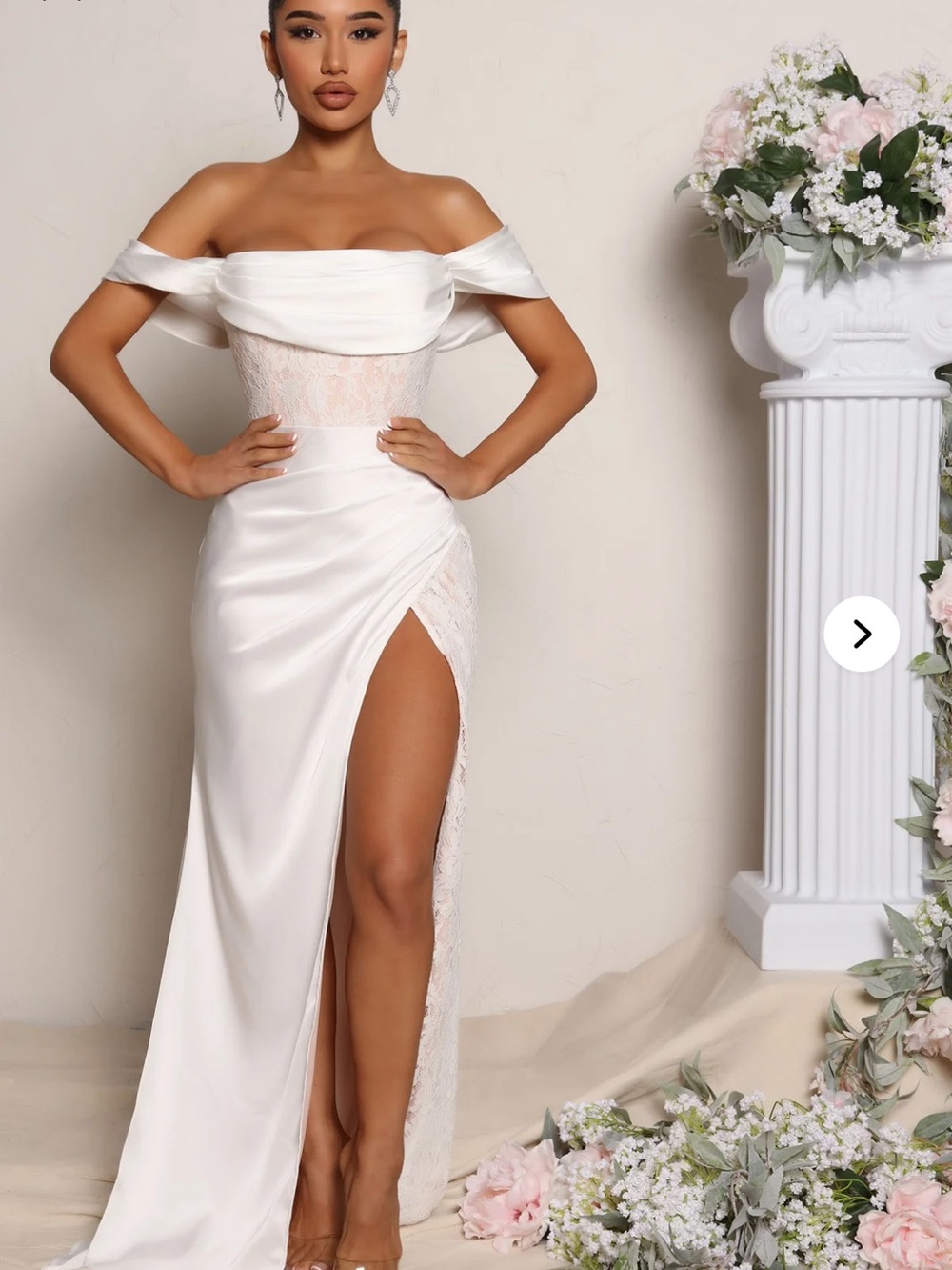 Fashion Nova White One-Shoulder Satin & Lace Gown with Thigh Slit